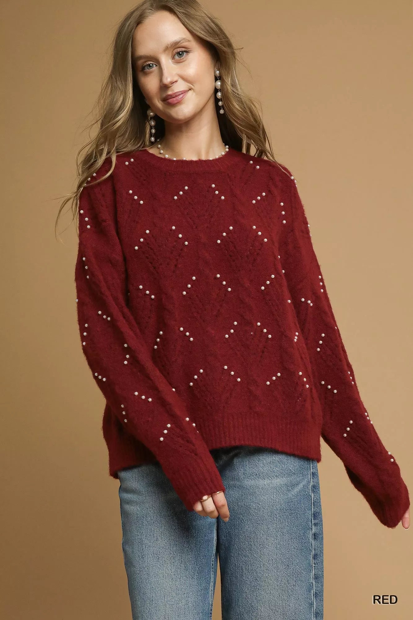 Umgee Red Pearl-Embellished Long Sleeve Sweater