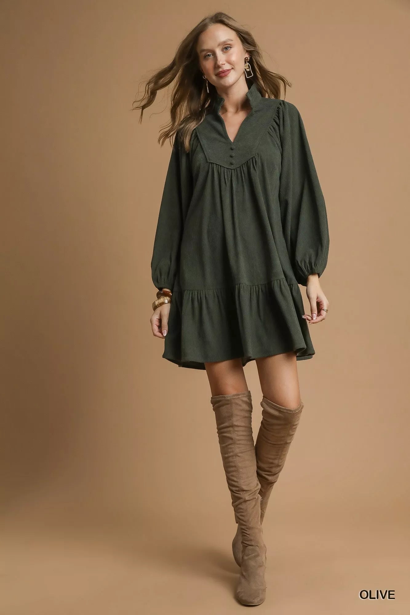 Umgee Olive Corduroy Tiered Babydoll Dress