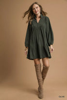 Umgee Olive Corduroy Tiered Babydoll Dress