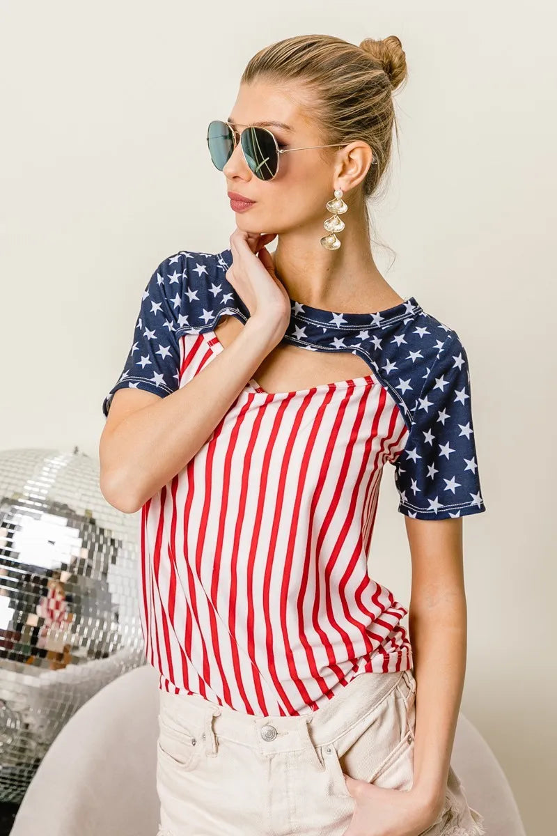 BiBi American Flag Theme Front Cut Out Top RED STRIPE