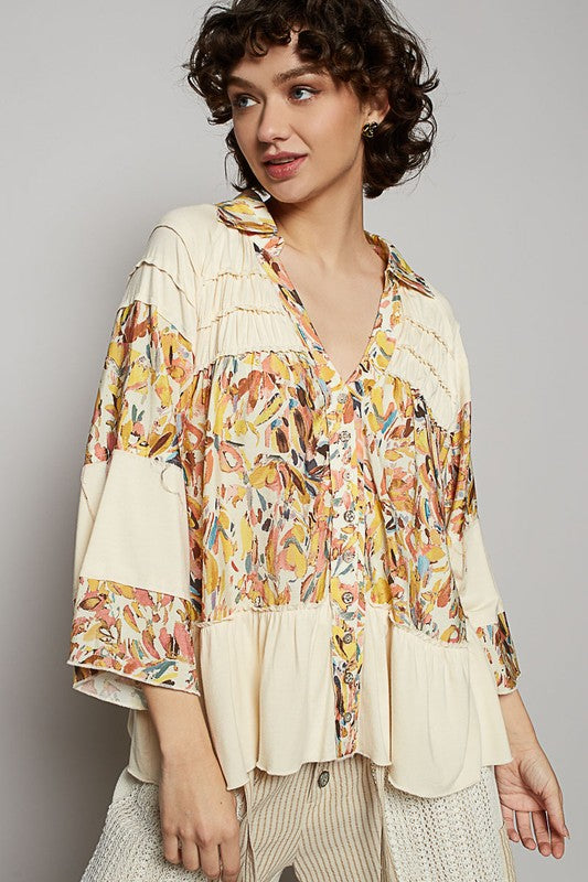 POL Frill Floral Johnny Collar Shirring Raglan Sleeve Blouse in Cream