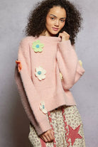 POL Pink Round Neck Long Sleeve Sweater with 3D Floral Patch Detail