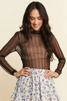Davi & Dani Black Turtle Neck Lace Dotted Stretch Mesh Sheer Top
