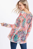 BiBi Multi Color Tie Dye V-Neck Long Sleeve Hacci Top