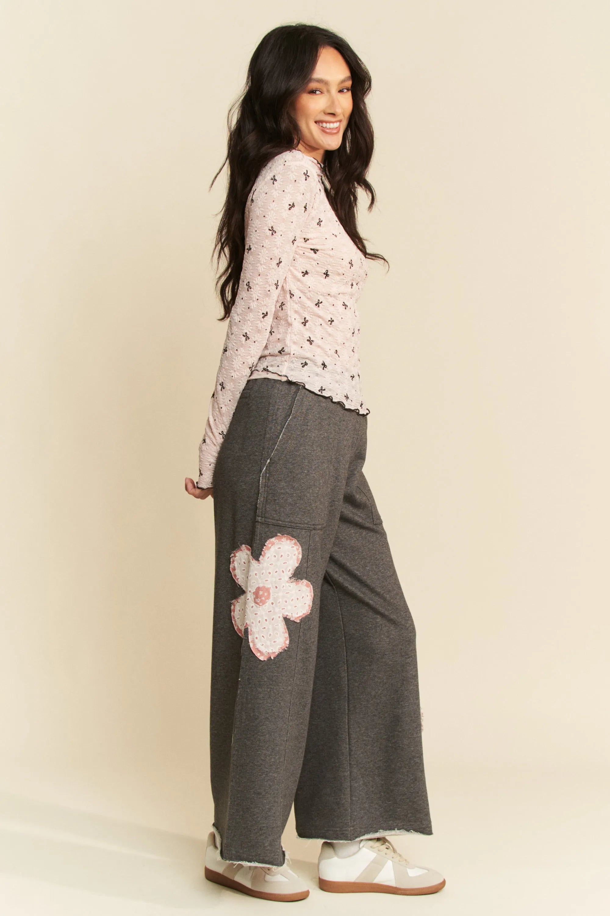 Davi & Dani Pink Ribbon Bow Lace Hem Long Sleeve Mesh Layering Top