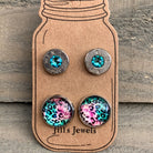 40 Caliber Bullet Earrings Set with Teal and Pink Leopard