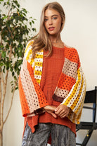 Davi & Dani Yellow & Orange Chunky Knit Openwork Open Front Striped Cardigan Trendsi