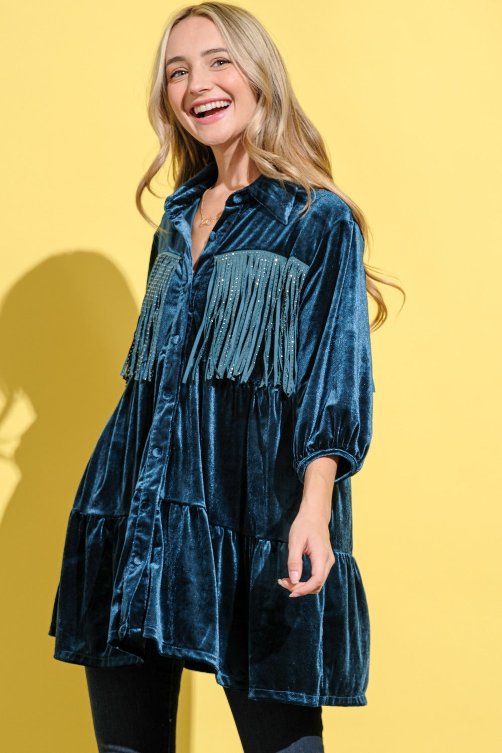 And The Why Teal Fringe Detailed Velvet Shirt Dress Trendsi