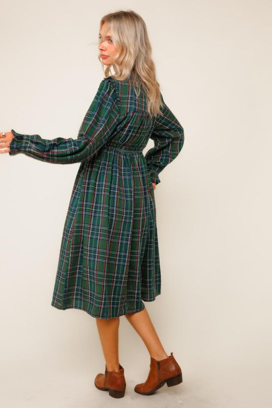Haptics Hunter Green Midi Plaid Dress with Side Pockets