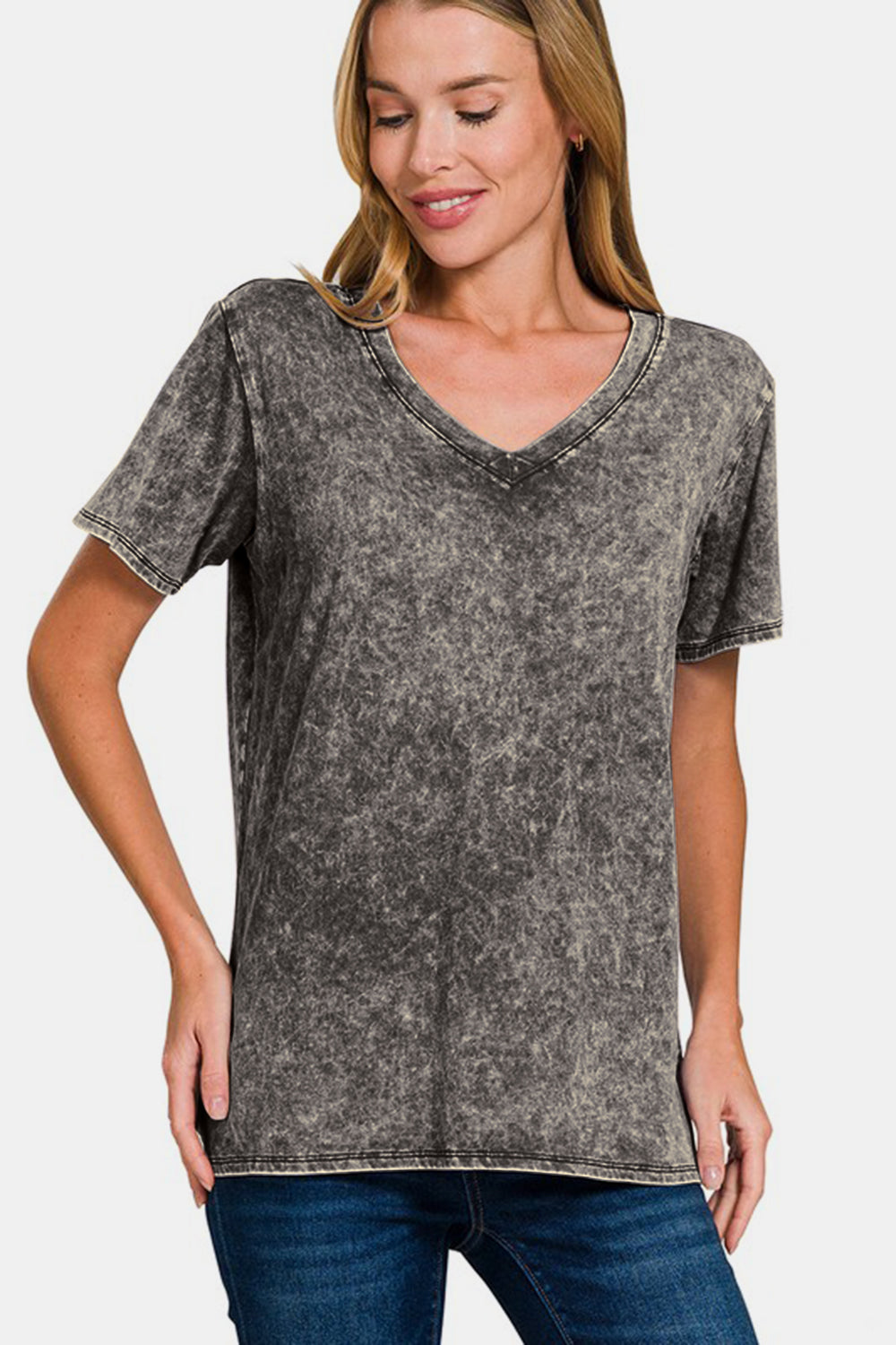 Zenana Dark Grey Acid Washed Short Sleeve V-Neck T-Shirt Dark Gray Shirts & Tops