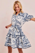 BiBi Navy Woven Vintage Printed Tiered Dress