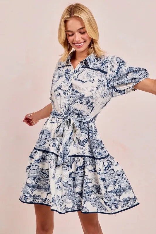 BiBi Navy Woven Vintage Printed Tiered Dress