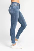 Judy Blue Medium Washed High Waist Skinny Jeans with Destroy & Shark Bit Hem