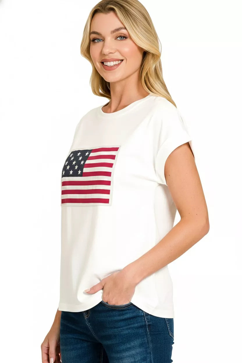 Zenana White US Flag Round Neck Short Sleeve T-Shirt Plus Size