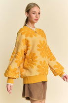 Davi & Dani Gold Flower Textured Round Neck Dropped Shoulder Sweater Shirts & Tops