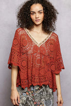 POL Ginger V-Neck Crochet Top with Scalloped Hem GINGER One Size
