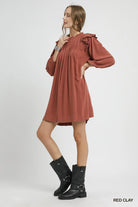 Umgee Red Clay Linen Ruffle Shoulder Pleated Babydoll Dress