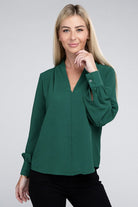 Zenana Woven Airflow V-Neck Long Sleeve Top ZENANA