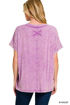 Zenana Bright Violet Washed Ribbed Cuffed Short Sleeve Round Neck Top