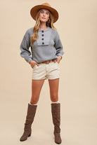 Annie Wear Gray Half Button Ribbed Hem Sweater