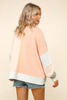 Haptics Haptics Round Neck Bubble Long Sleeve Plaid Flower Patch Color Block Pullover in Peach / Oatmeal