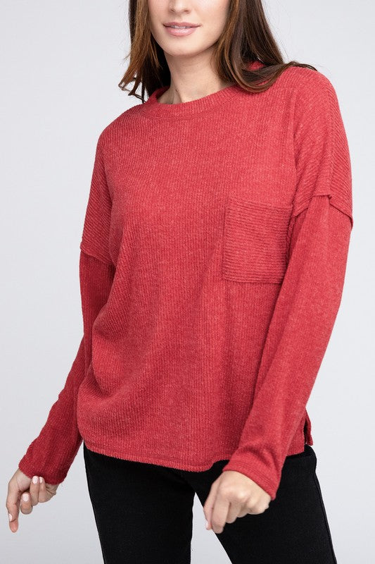 Zenana 4 Colors- Ribbed Brushed Melange Hacci Sweater with a Pocket DK RED S Shirts & Tops