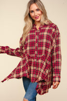 Haptics Burgundy/Taupe Plaid Button Down Sharkbite Shirt Trendsi