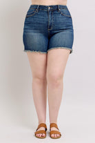 Judy Blue Dark Washed Tummy Control Fray Hem & Shield Back Pockets Denim Shorts