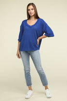 Zenana Brushed Waffle Exposed-Seam 3/4 Sleeve Top ZENANA