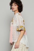 POL Vintage Washed Lace Patchwork Printed Half Button Top in Watermelon Pink