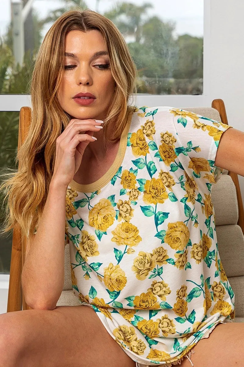 BiBi Yellow Rose Print Thermal Neck Binding Dolman Sleeves Top