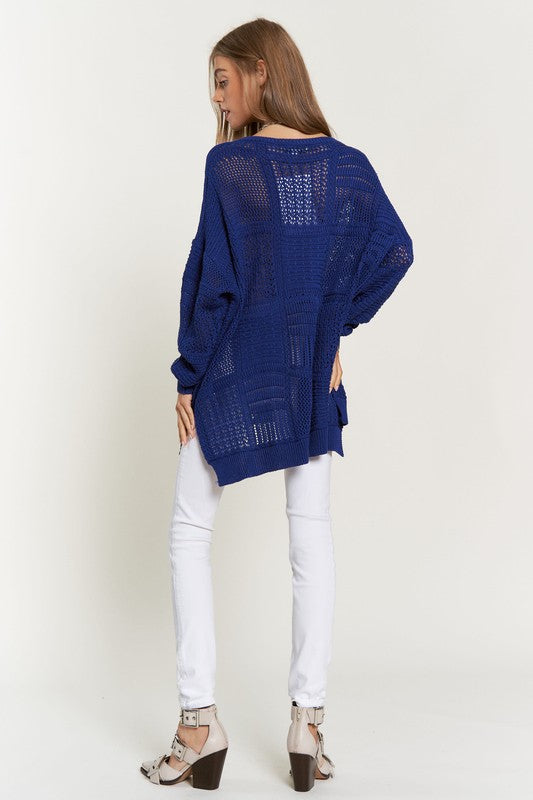 Davi & Dani Navy Openwork Side Slit Drop Shoulder Knit Cover Up Shirts & Tops