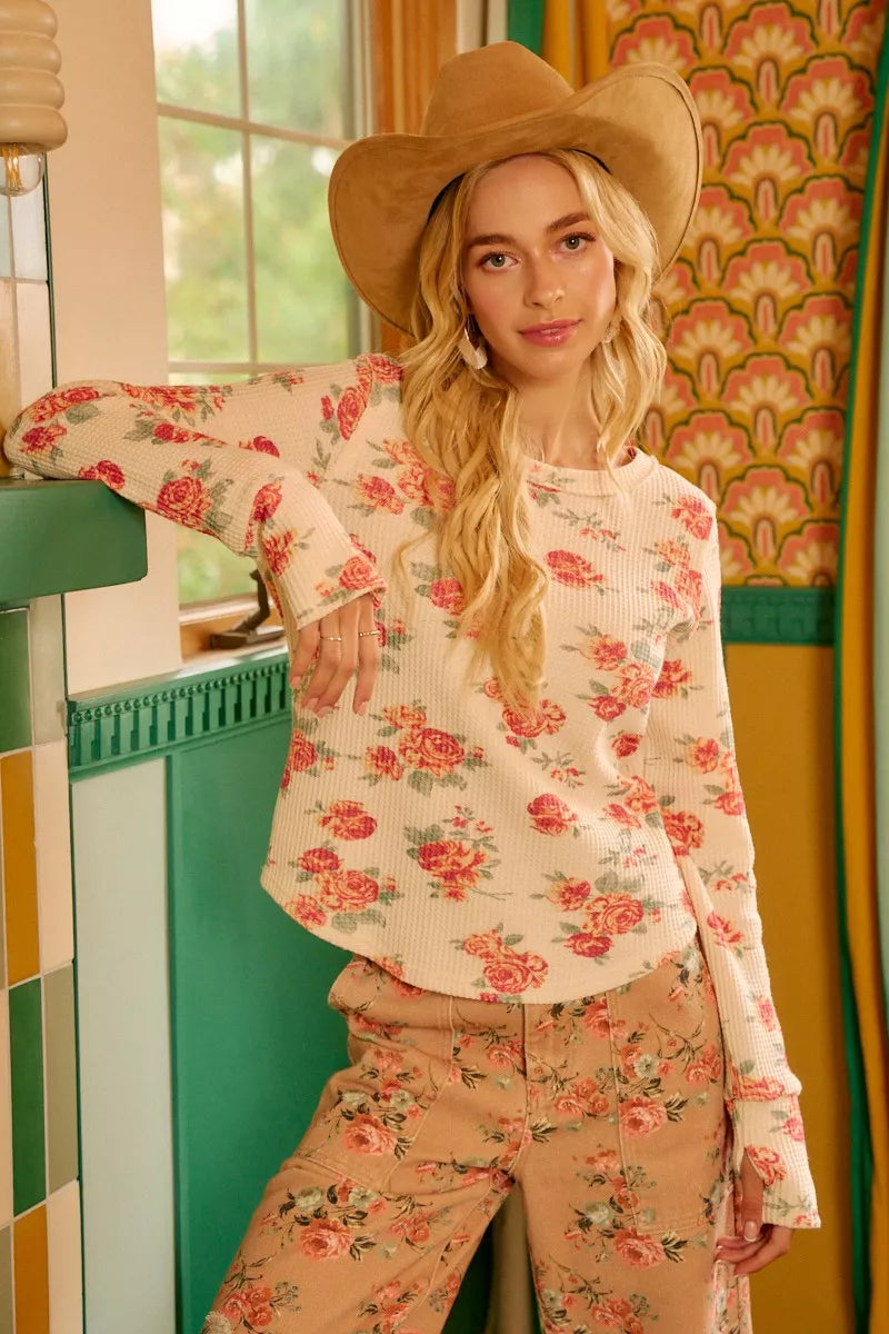 BiBi Oatmeal Floral Print Washed Waffle Thermal Top With Thumb