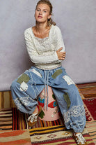 POL Cream Texture Long Sleeve Blouse with Floral Ruffled Details