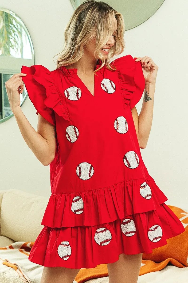 BiBi Ref Sequins Baseball Patch Day Ruffle Sleeve Dress