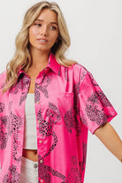 BiBi Fuchsia Leopard Print Short Sleeve Silky Satin Shirt Blouse