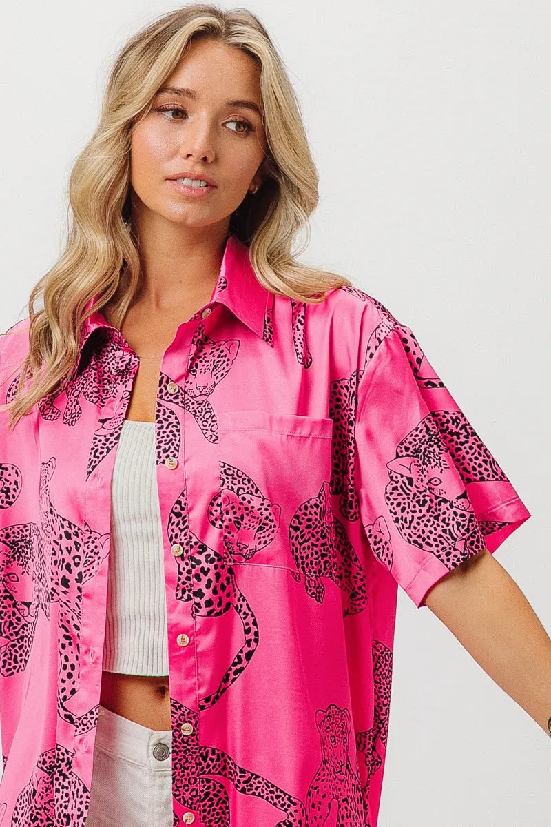 BiBi Fuchsia Leopard Print Short Sleeve Silky Satin Shirt Blouse