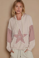 POL Dusty Rose Star Patchwork Raw Edge French Terry Hoodie Trendsi