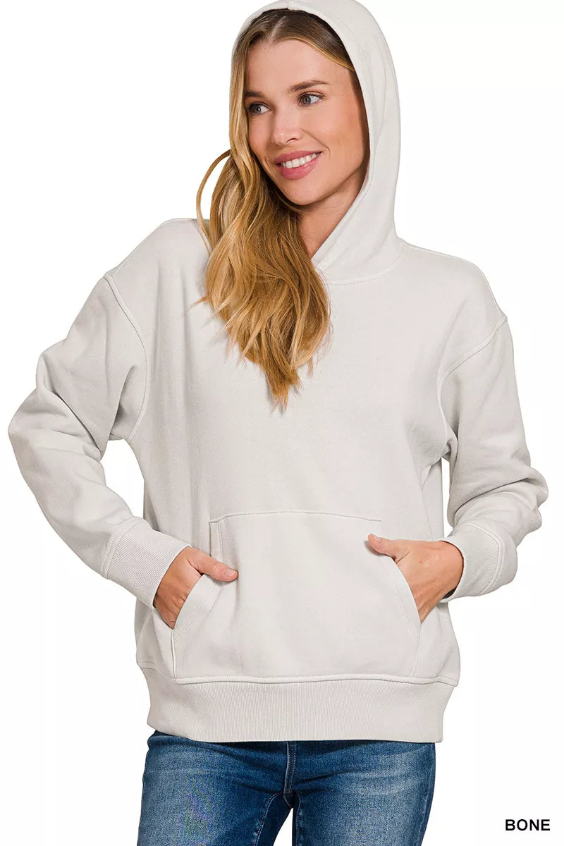 Zenana Bone Fleece Kangaroo Pocket Hoodie