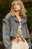POL Dark Gray Cropped Denim Jacket with Functional Zipper Detail Dark Gray