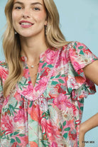 Umgee Pink Mix Tropical Print Blouse with Ruffle Cap Sleeves