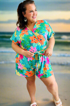 Haptics Tropical Vibes Turquoise Floral Surplice Tie Waist Romper Final Sale Haptics