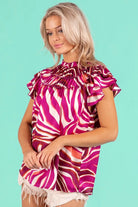 BiBi Fuchsia Tiered Ruffle Neck Zebra Pattern Blouse