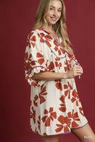 Umgee Two Tone Floral Tie-Neck Babydoll Dress in Rust