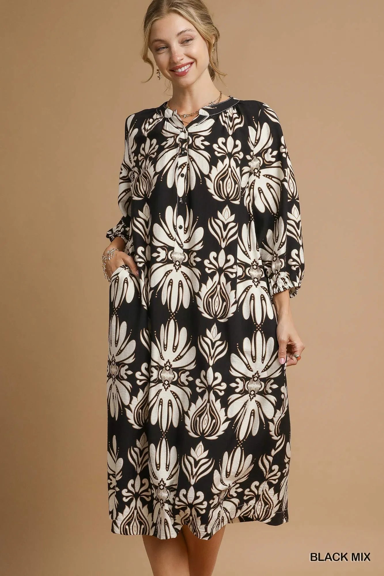 Umgee Black Mix Abstract Floral Print Midi Dress BLACK MIX