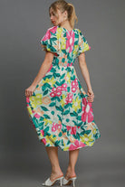 Umgee Mint Tiered Floral Print Notched Puff Sleeve Midi Dress