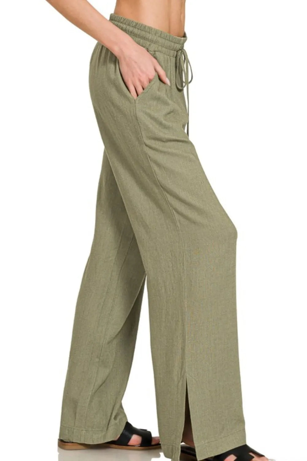 Zenana Light Olive Linen Drawstring Pants