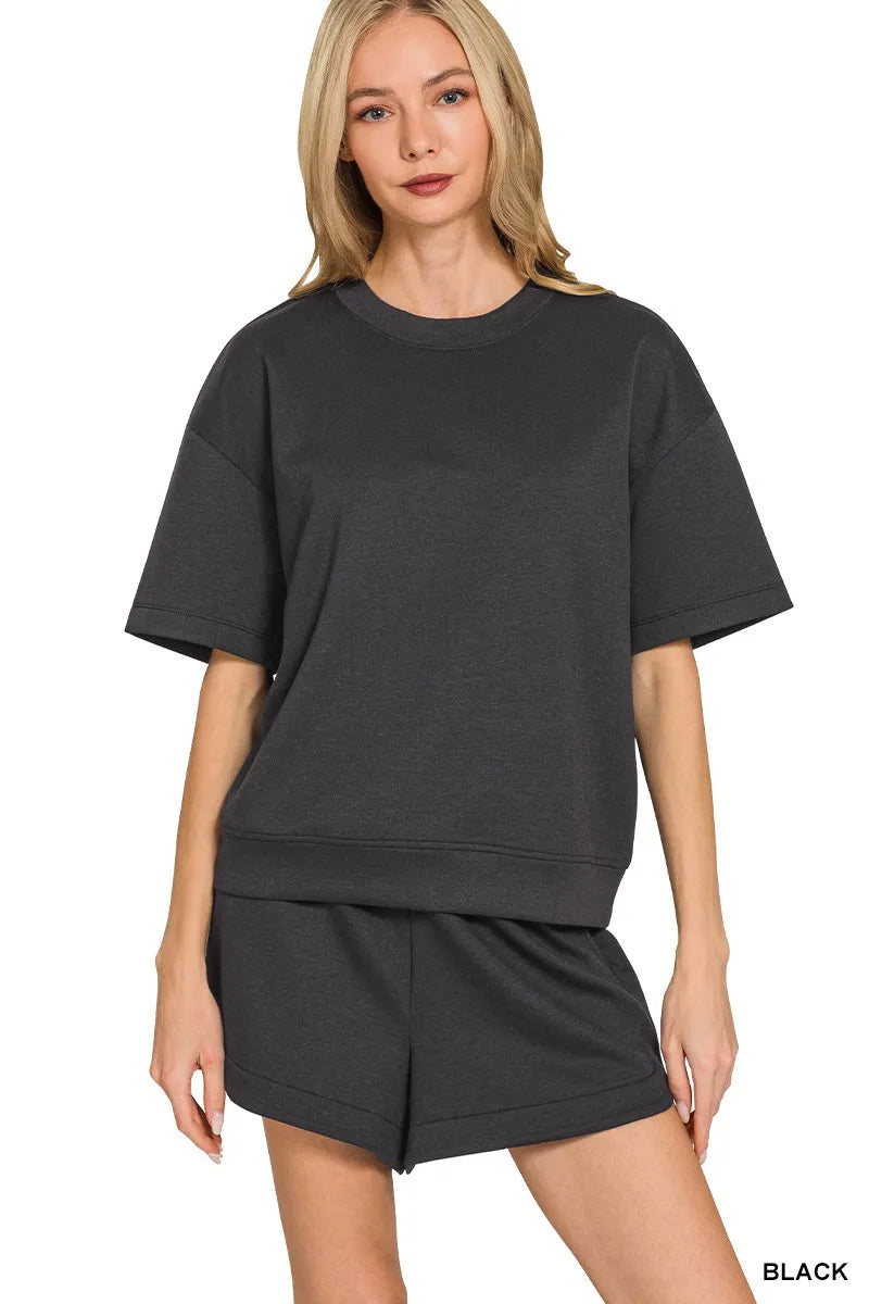 Zenana Black Scuba Short Sleeve Top & Shorts Set BLACK