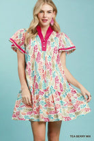 Umgee Tea Berry mix Leaf Print Flutter Sleeve Tiered Mini Dress TEA BERRY MIX