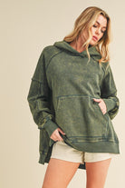 Aemi + Co Deb Army Green Washed Exposed Seam Side Slit Hoodie with Kangaroo Pocket